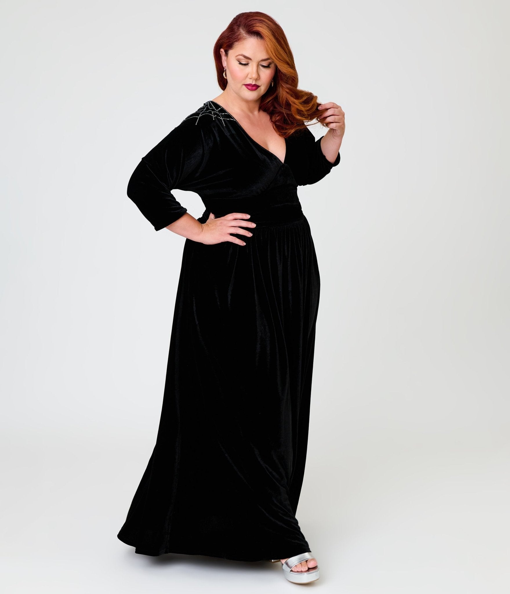 Unique Vintage Plus Size Black Velvet & Rhinestone Batwing Norma Maxi Dress