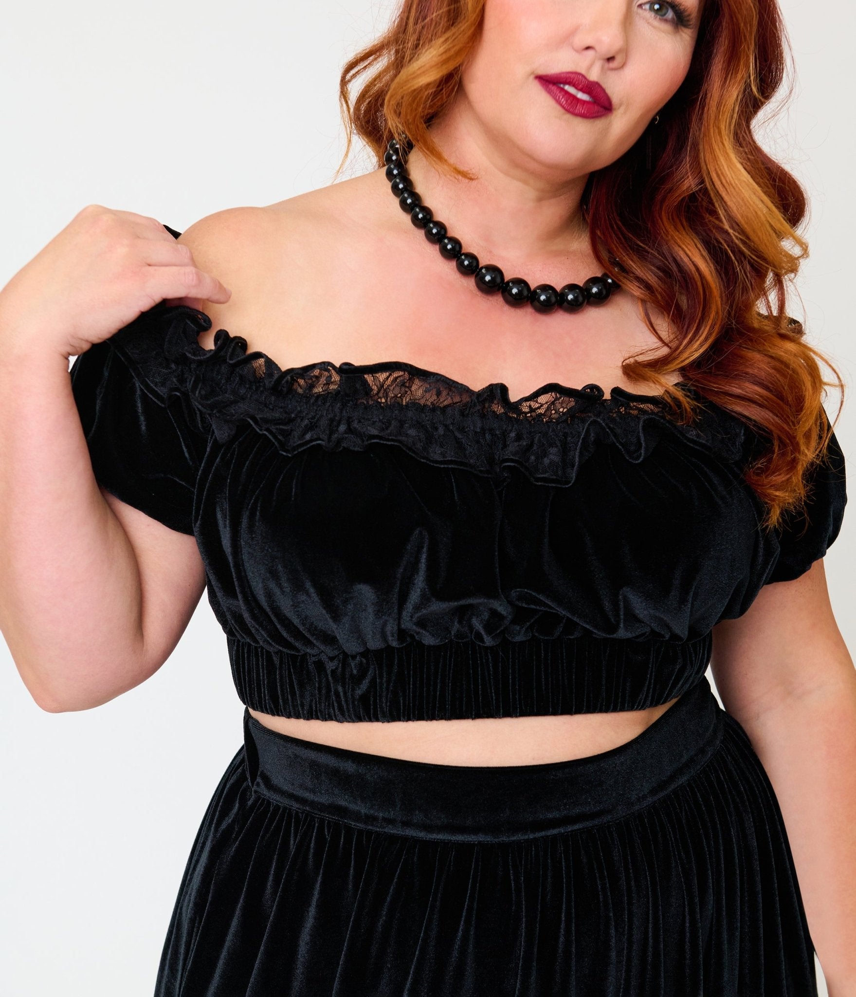 Unique Vintage Plus Size Black Velvet Ruffle Crop Top - Unique Vintage - Womens, TOPS, KNIT TOPS