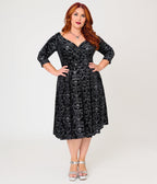 Unique Vintage Plus Size Black Velvet Skull Print Marceline Swing Dress - Unique Vintage - Womens, DRESSES, SWING