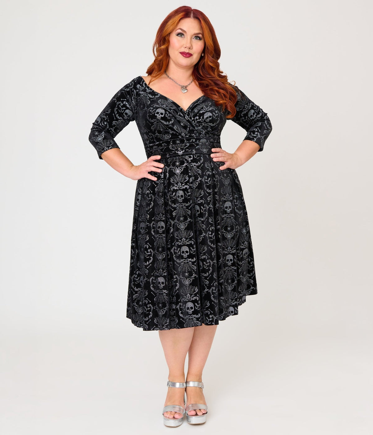 Unique Vintage Plus Size Black Velvet Skull Print Marceline Swing Dress - Unique Vintage - Womens, DRESSES, SWING