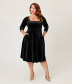 Unique Vintage Plus Size Black Velvet Square Neck Wanda Swing Dress - Unique Vintage -