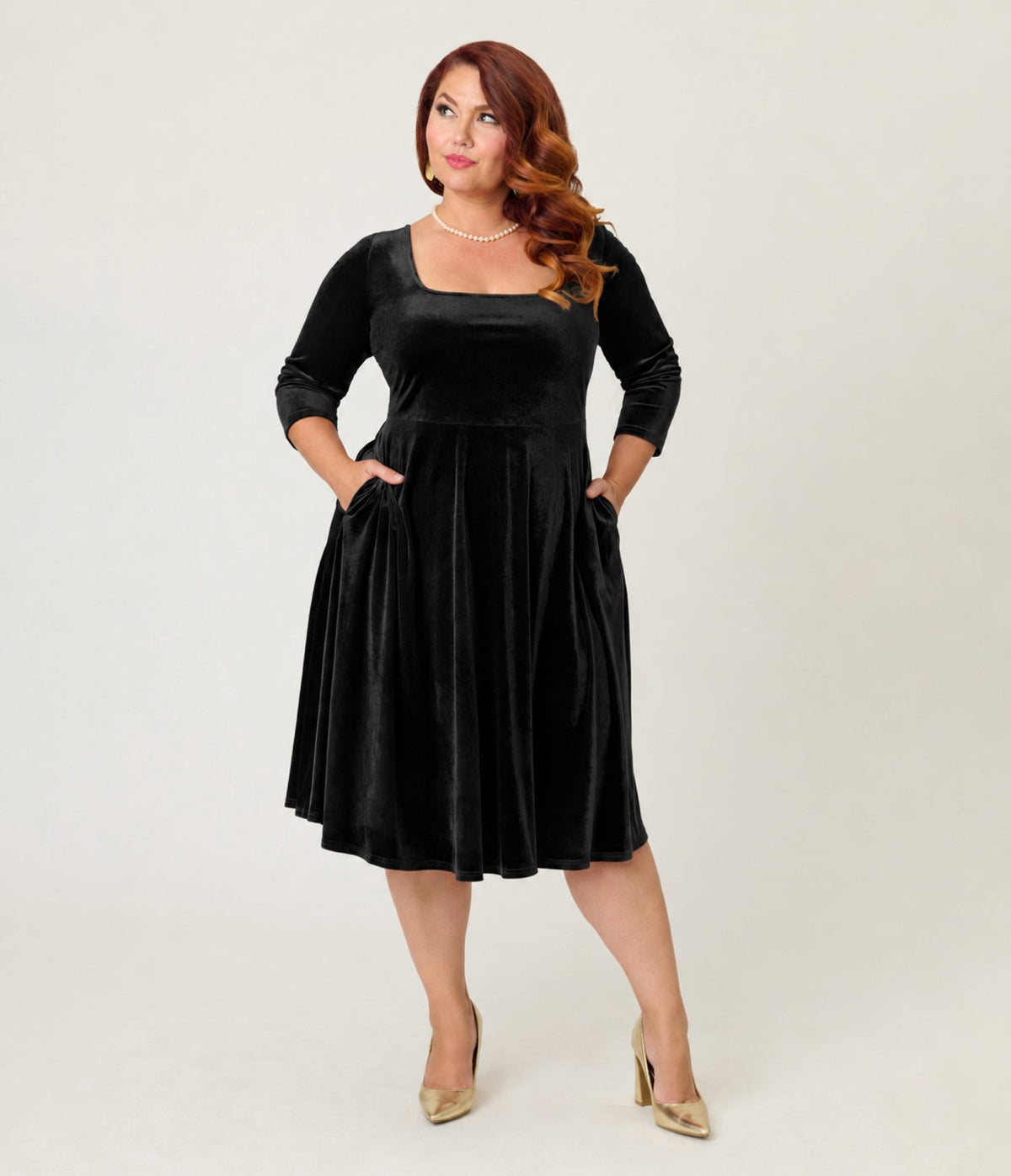 Unique Vintage Plus Size Black Velvet Square Neck Wanda Swing Dress - Unique Vintage -