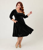 Unique Vintage Plus Size Black Velvet Square Neck Wanda Swing Dress - Unique Vintage -