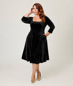 Unique Vintage Plus Size Black Velvet Square Neck Wanda Swing Dress - Unique Vintage -