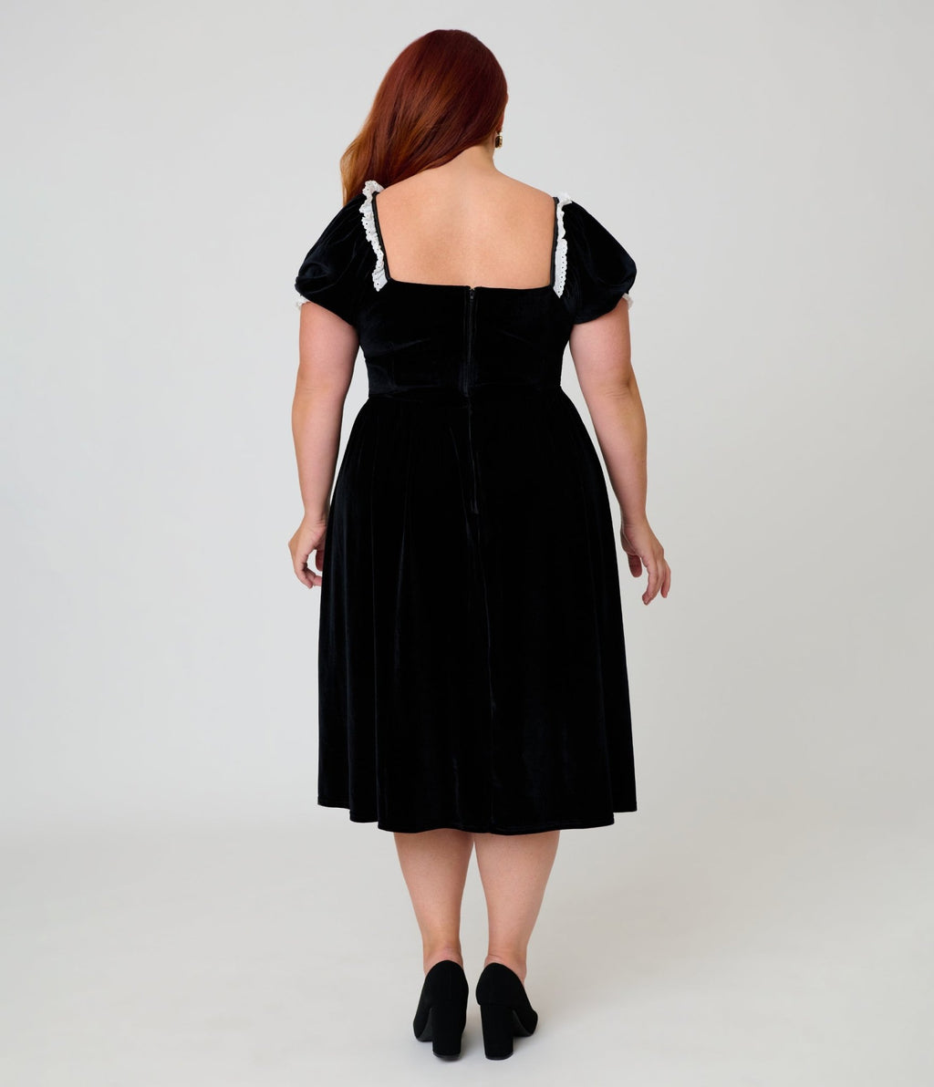 Unique Vintage Plus Size Black Velvet Sweetheart Puff Sleeve Swing Dress - Unique Vintage - Womens, DRESSES, SWING