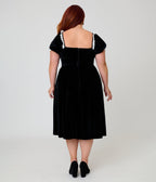 Unique Vintage Plus Size Black Velvet Sweetheart Puff Sleeve Swing Dress - Unique Vintage - Womens, DRESSES, SWING