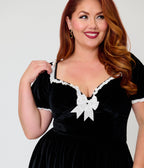 Unique Vintage Plus Size Black Velvet Sweetheart Puff Sleeve Swing Dress - Unique Vintage - Womens, DRESSES, SWING