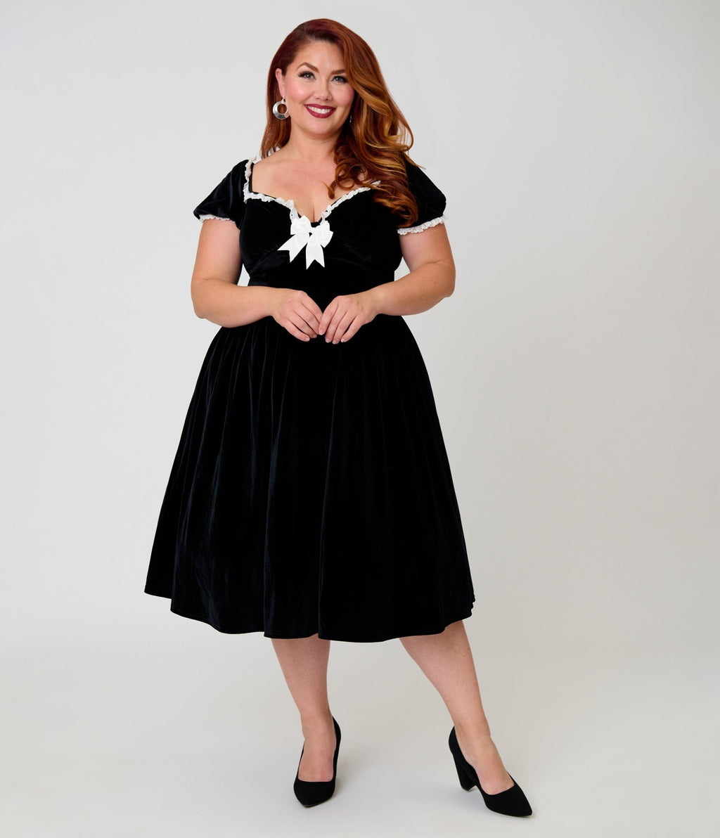 Unique Vintage Plus Size Black Velvet Sweetheart Puff Sleeve Swing Dress - Unique Vintage - Womens, DRESSES, SWING