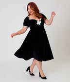 Unique Vintage Plus Size Black Velvet Sweetheart Puff Sleeve Swing Dress - Unique Vintage - Womens, DRESSES, SWING