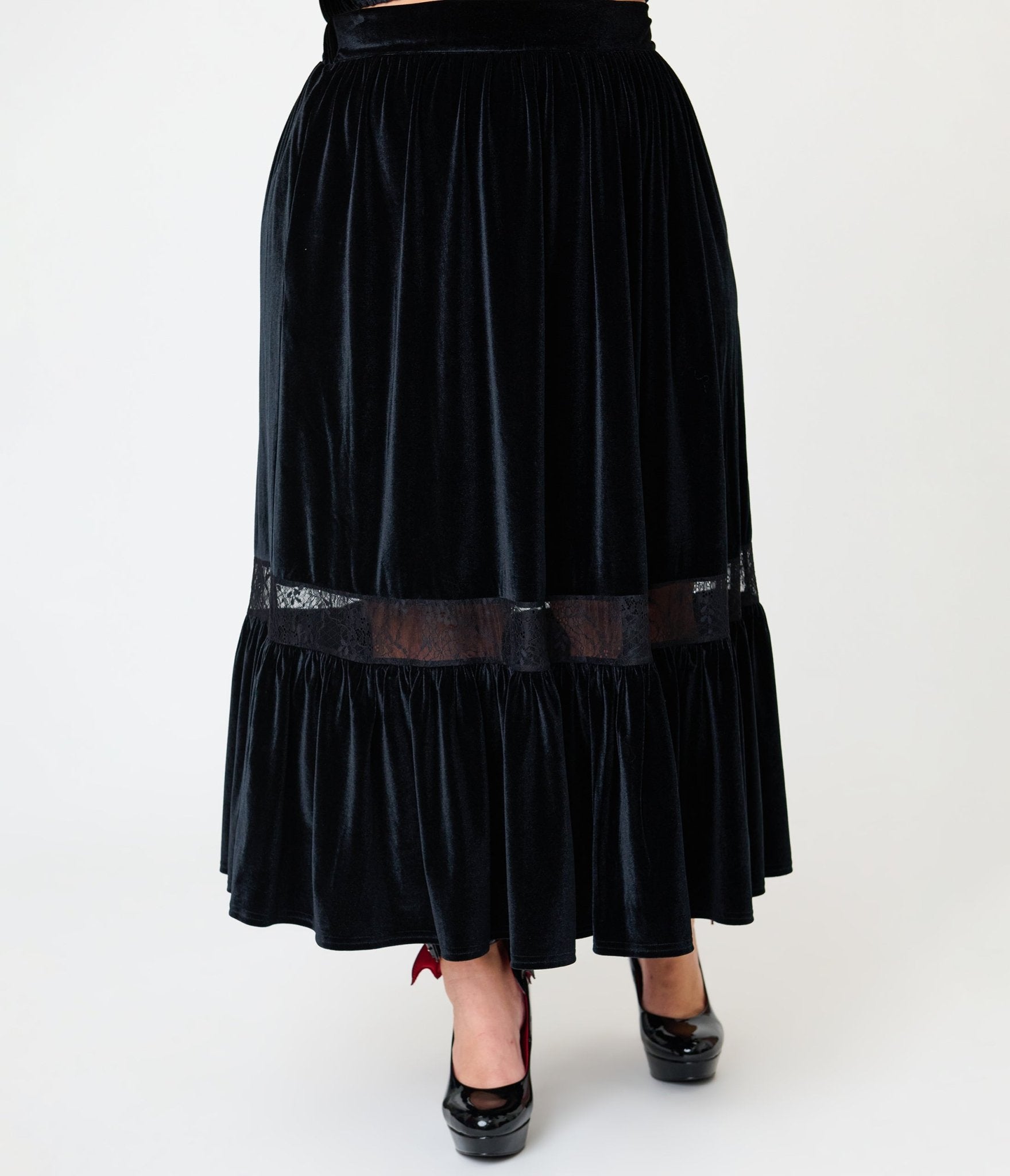 Unique Vintage Plus Size Black Velvet Tiered Midi Skirt - Unique Vintage - Womens, BOTTOMS, SKIRTS