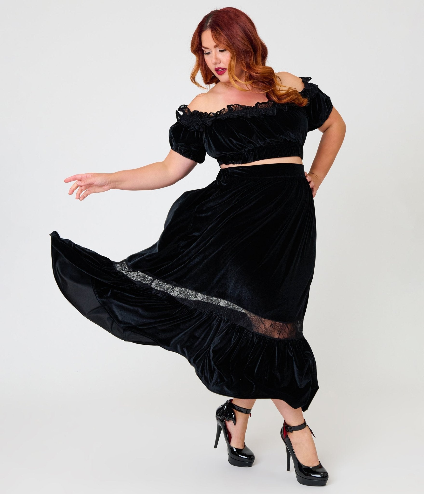 Unique Vintage Plus Size Black Velvet Tiered Midi Skirt - Unique Vintage - Womens, BOTTOMS, SKIRTS