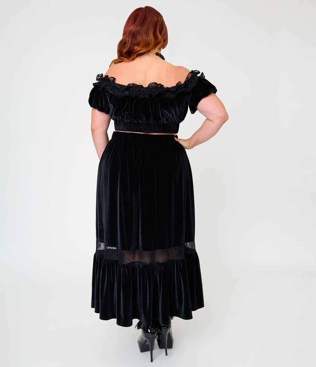 Unique Vintage Plus Size Black Velvet Tiered Midi Skirt - Unique Vintage - Womens, BOTTOMS, SKIRTS
