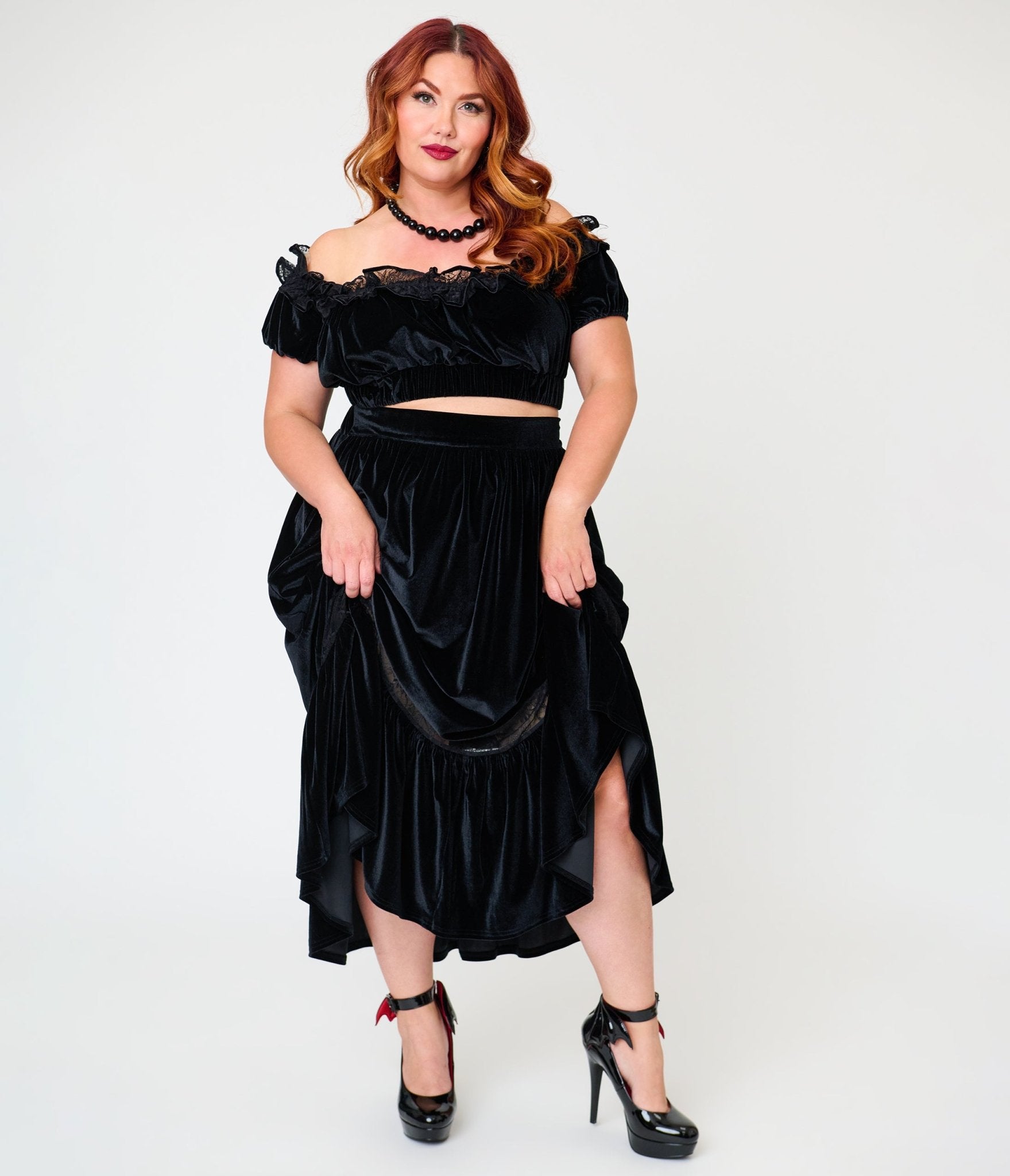 Unique Vintage Plus Size Black Velvet Tiered Midi Skirt - Unique Vintage - Womens, BOTTOMS, SKIRTS