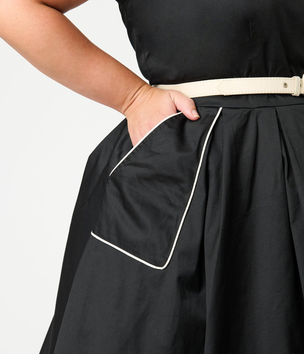 Unique Vintage Plus Size Black & White Cotton Shirt Swing Dress - Unique Vintage - Womens, DRESSES, SWING