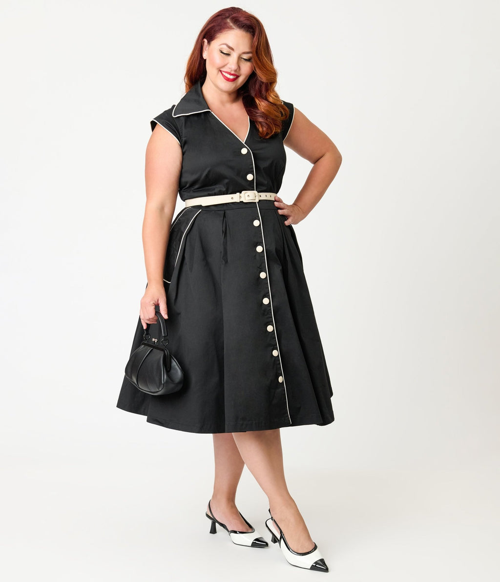 Unique Vintage Plus Size Black & White Cotton Shirt Swing Dress - Unique Vintage - Womens, DRESSES, SWING