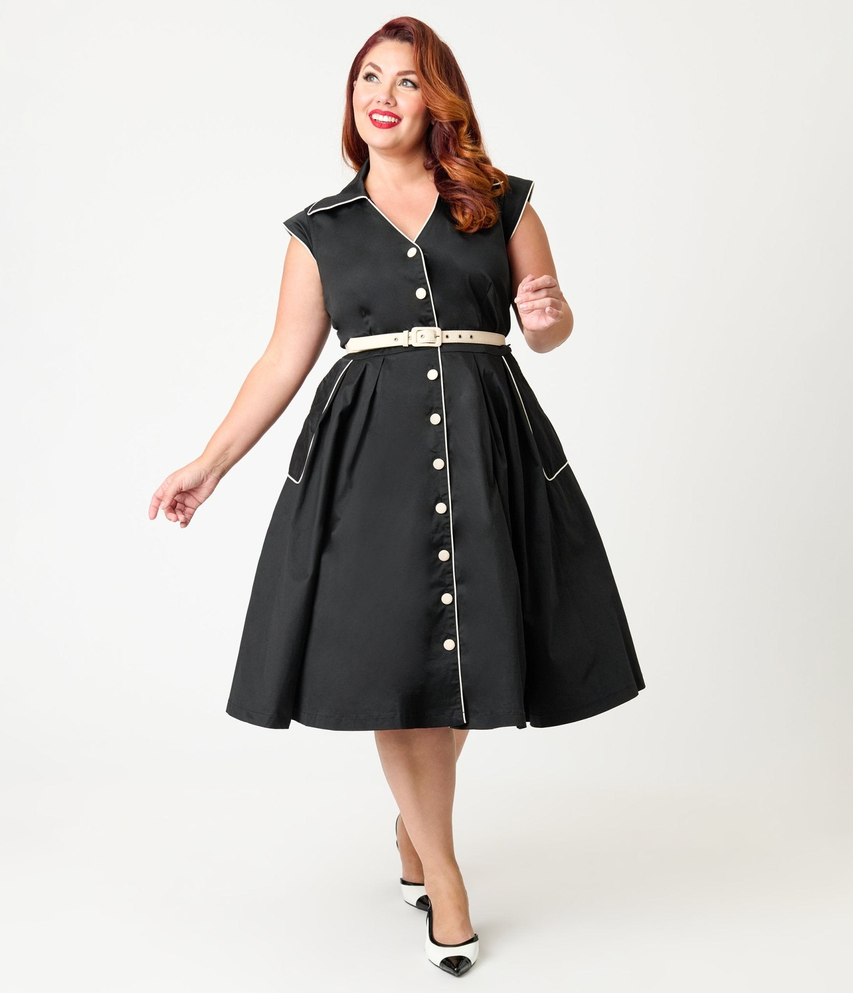 Unique Vintage Plus Size Black & White Cotton Shirt Swing Dress Unique Vintage Plus Size Black & White Cotton Shirt Swing Dress