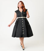Unique Vintage Plus Size Black & White Cotton Shirt Swing Dress - Unique Vintage - Womens, DRESSES, SWING