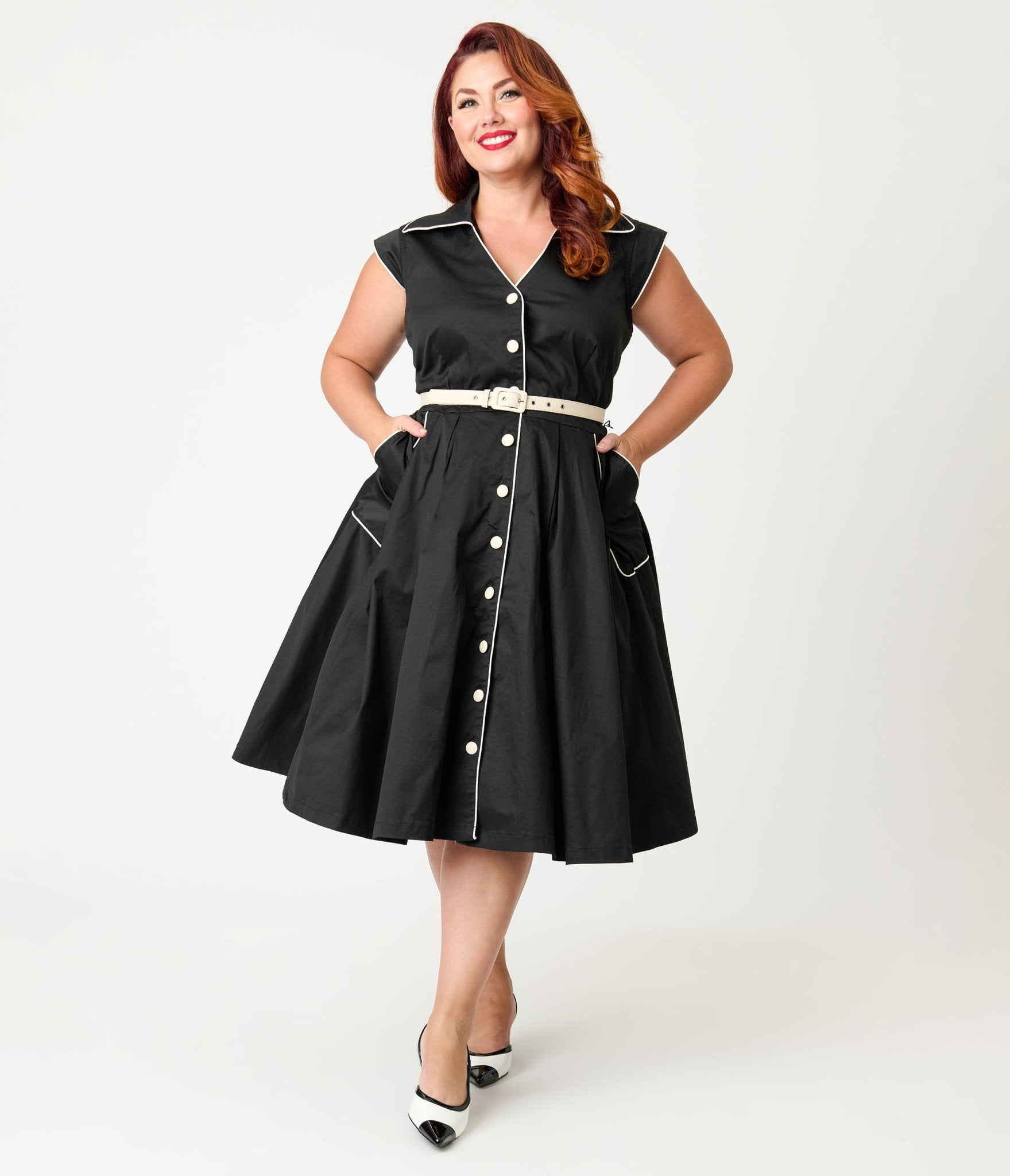 Unique Vintage Plus Size Black & White Cotton Shirt Swing Dress