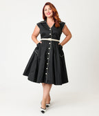 Unique Vintage Plus Size Black & White Cotton Shirt Swing Dress - Unique Vintage - Womens, DRESSES, SWING