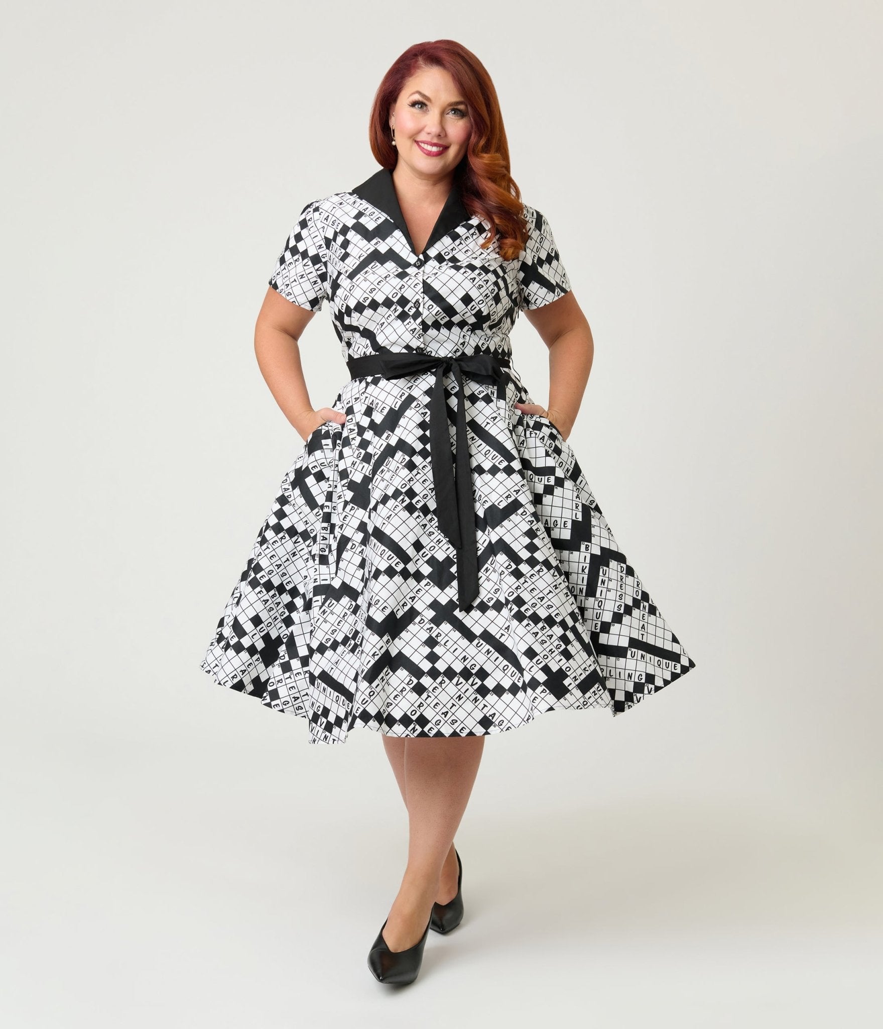 Unique Vintage Plus Size Black & White Crossword Puzzle Cotton Shirt D Unique Vintage Plus Size Black & White Crossword Puzzle Cotton Shirt D
