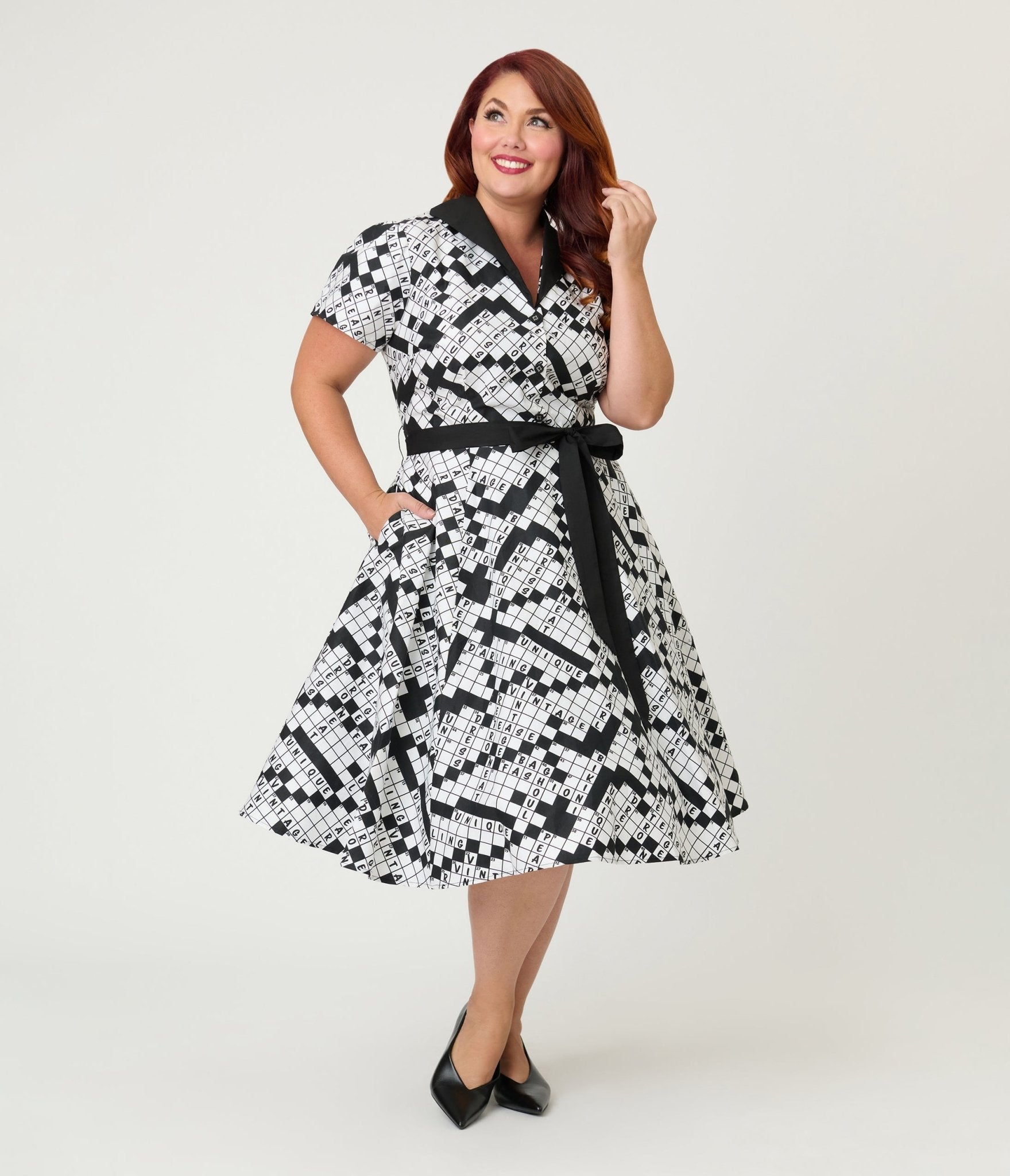 Unique Vintage Plus Size Black & White Crossword Puzzle Cotton Shirt Dress