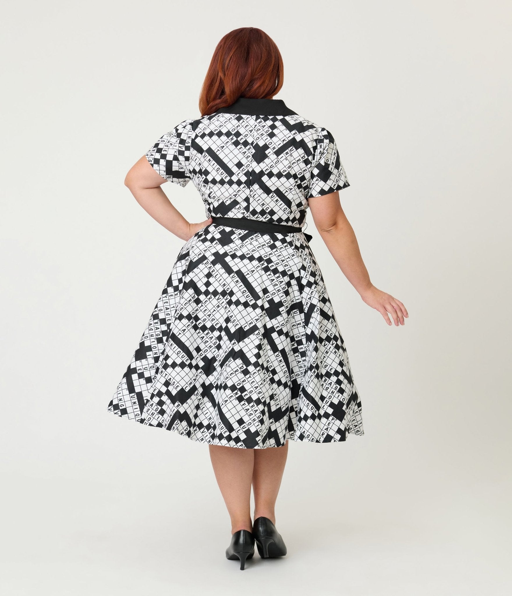 Unique Vintage Plus Size Black & White Crossword Puzzle Cotton Shirt D