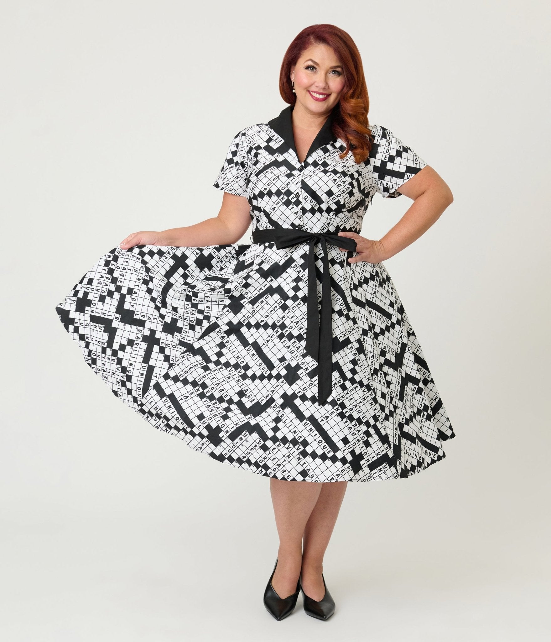 Unique Vintage Plus Size Black & White Crossword Puzzle Cotton Shirt D Unique Vintage Plus Size Black & White Crossword Puzzle Cotton Shirt D