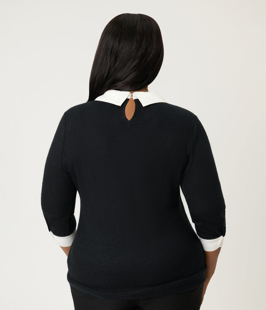 Unique Vintage Plus Size Black & White Gingerbread Man Collar Sabrina Sweater - Unique Vintage - Womens, TOPS, KNIT TOPS