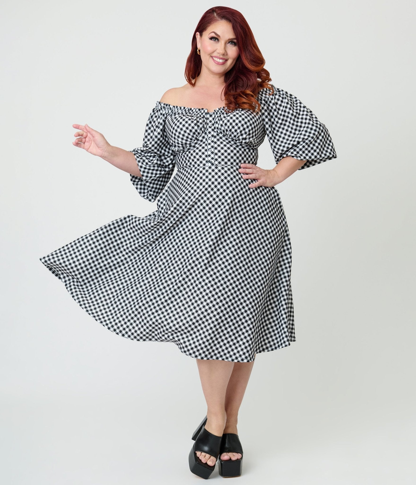 Unique Vintage Plus Size Black & White Gingham Peasant Sleeve Swing Dress 3X/24W-26W