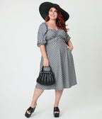 Unique Vintage Plus Size Black & White Gingham Peasant Sleeve Swing Dress - Unique Vintage - Womens, DRESSES, SWING
