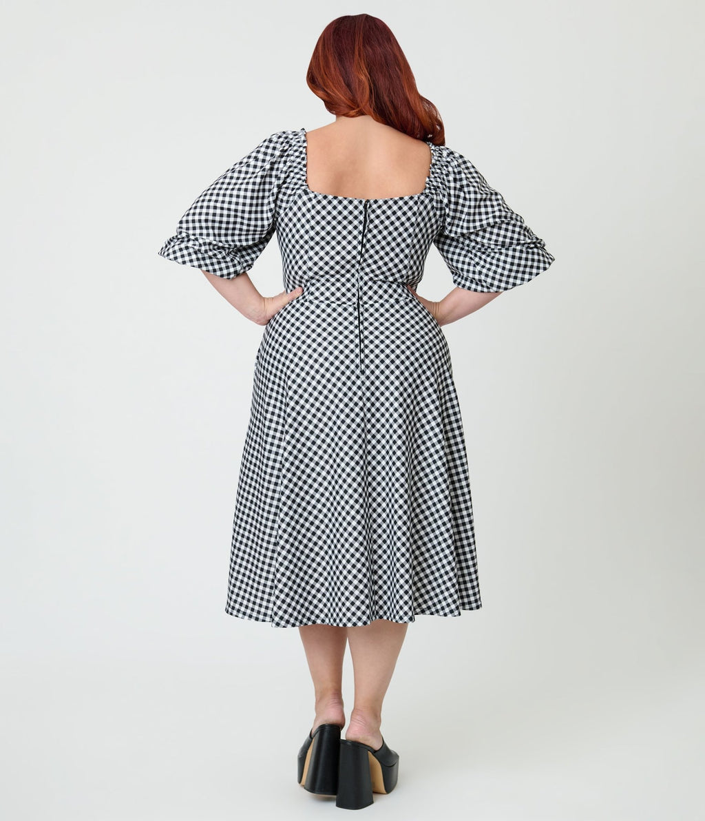 Unique Vintage Plus Size Black & White Gingham Peasant Sleeve Swing Dress - Unique Vintage - Womens, DRESSES, SWING
