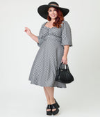Unique Vintage Plus Size Black & White Gingham Peasant Sleeve Swing Dress - Unique Vintage - Womens, DRESSES, SWING