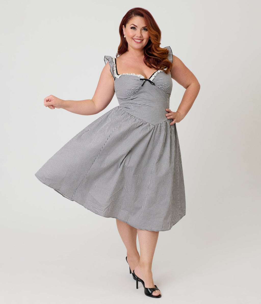 Unique Vintage Plus Size Black & White Gingham Sweetheart Flutter Sleeve Swing Dress