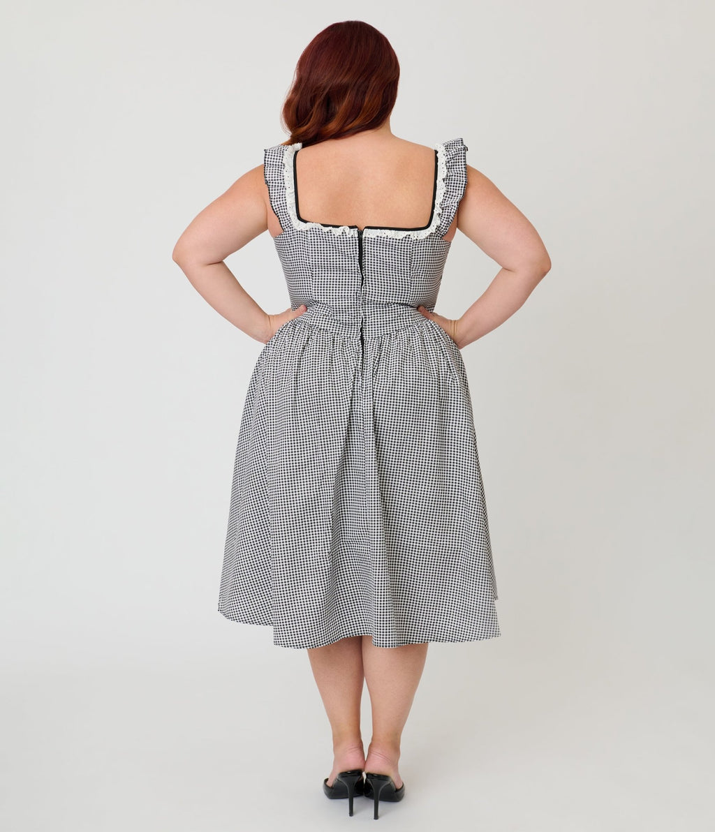 Unique Vintage Plus Size Black & White Gingham Sweetheart Flutter Sleeve Swing Dress - Unique Vintage - Womens, DRESSES, SWING