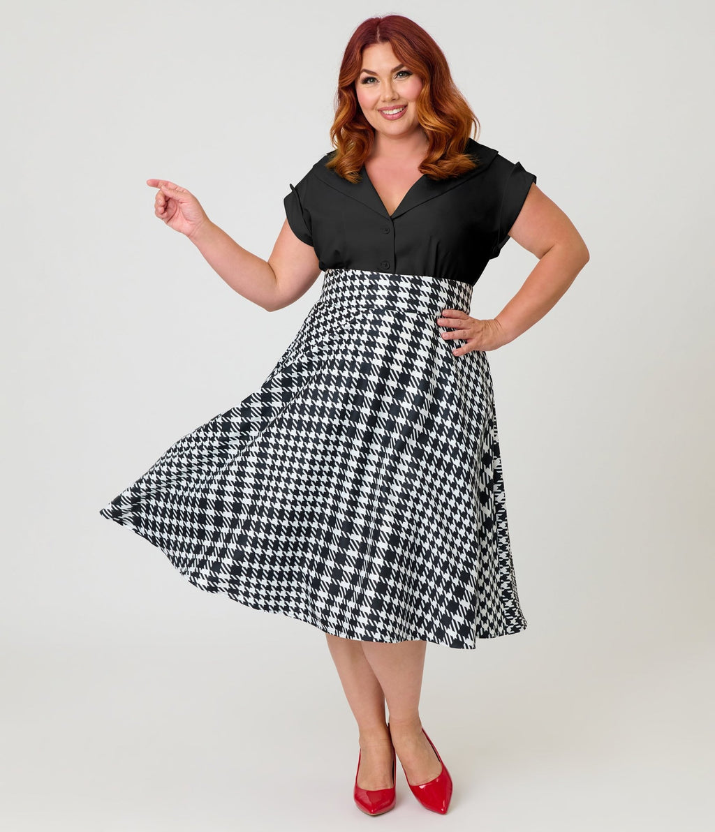 Unique Vintage Plus Size Black & White Houndstooth Vivian Swing Skirt - Unique Vintage - Womens, BOTTOMS, SKIRTS
