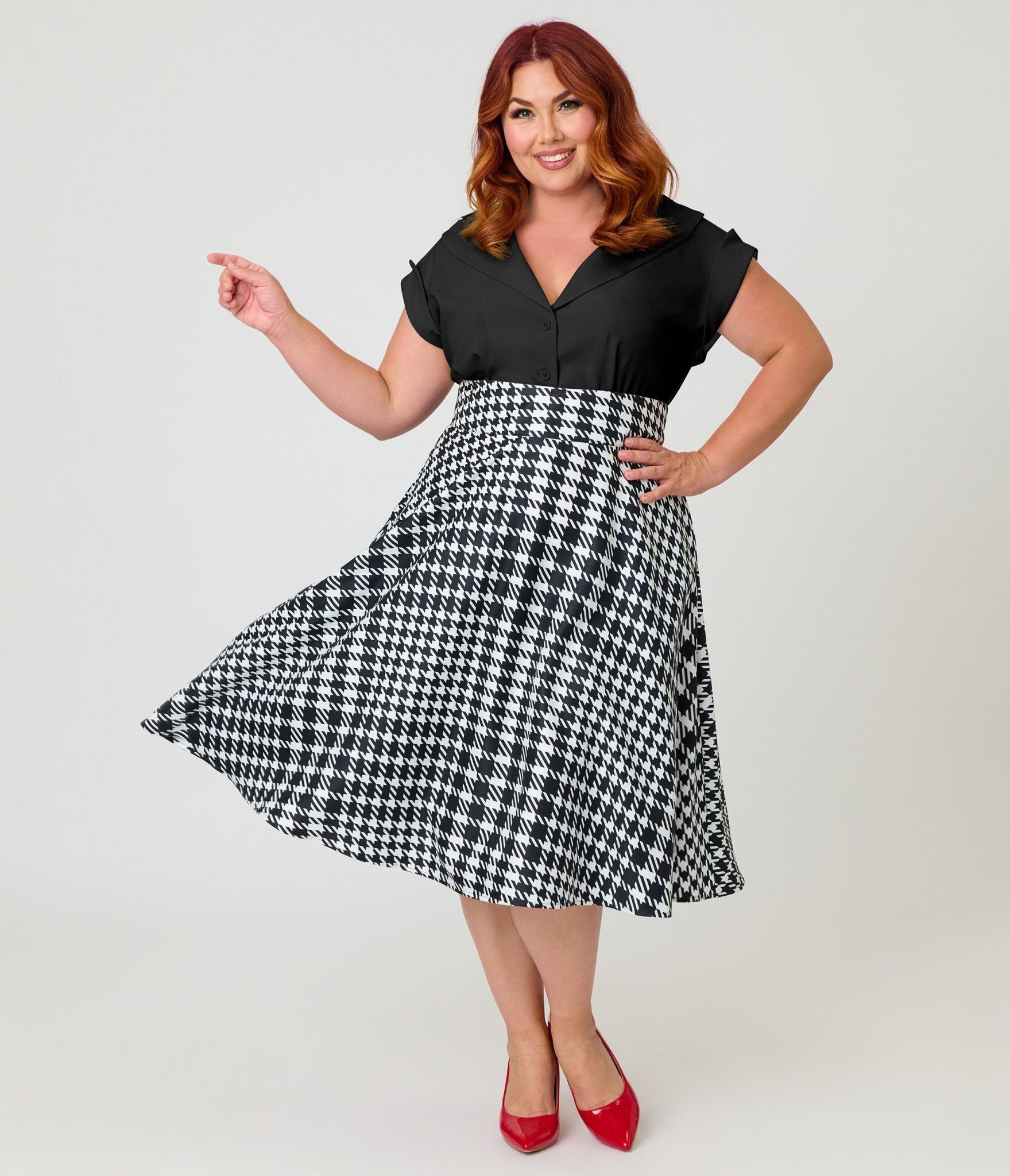 Unique Vintage Plus Size Black & White Houndstooth Vivian Swing Skirt - Unique Vintage - Womens, BOTTOMS, SKIRTS