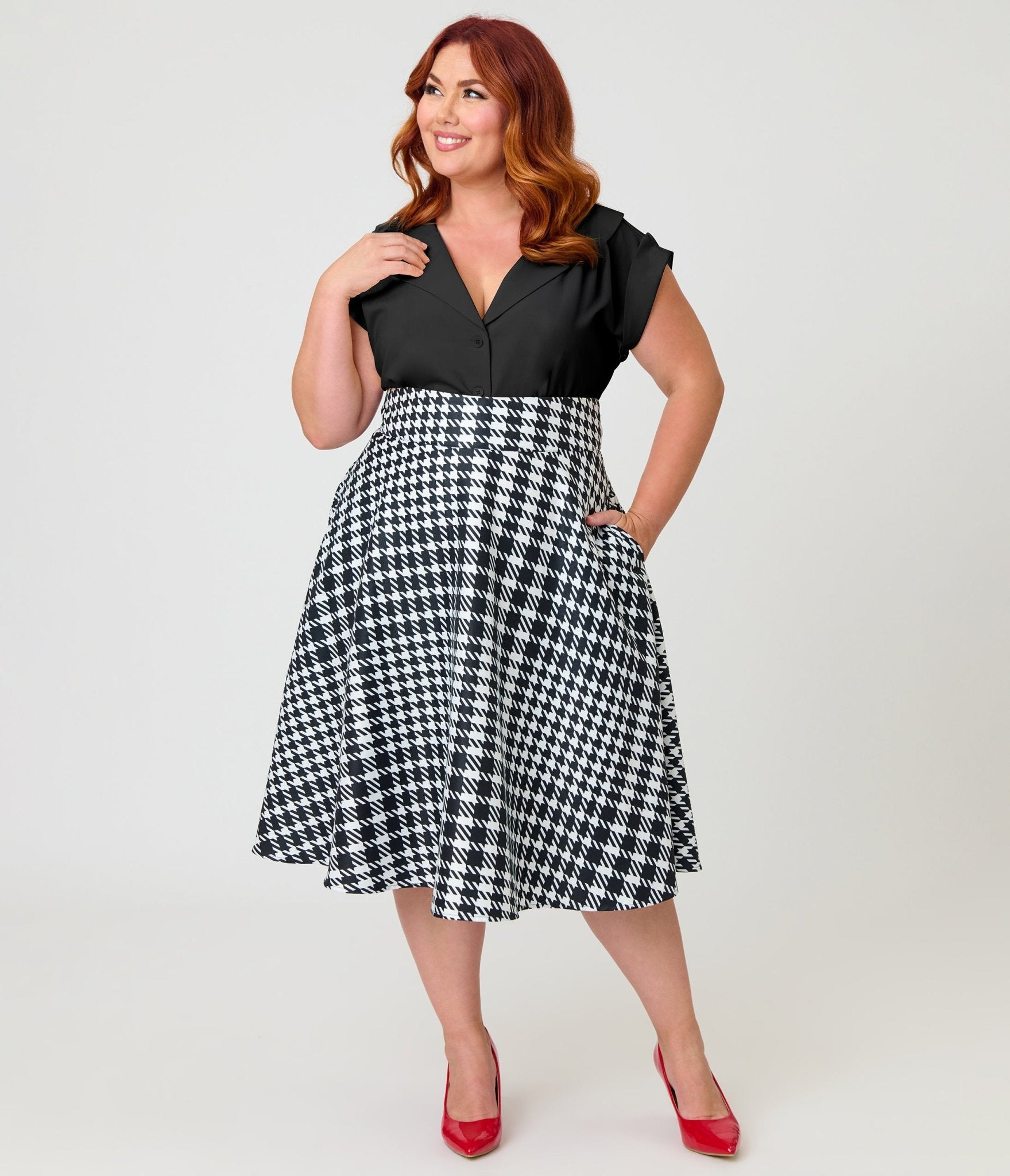 Unique Vintage Plus Size Black & White Houndstooth Vivian Swing Skirt - Unique Vintage - Womens, BOTTOMS, SKIRTS