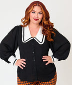 Unique Vintage Plus Size Black & White Long Sleeve Oversized Collar Blouse - Unique Vintage - Womens, TOPS, WOVEN TOPS
