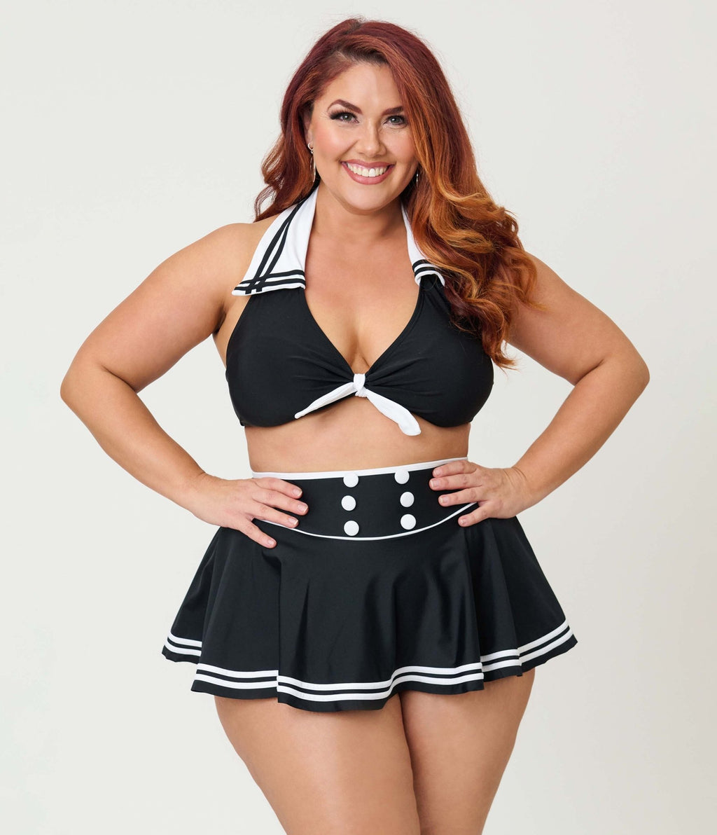 Unique Vintage Plus Size Black & White Nautical Halter Swim Top - Unique Vintage - Womens, SWIM, TOP