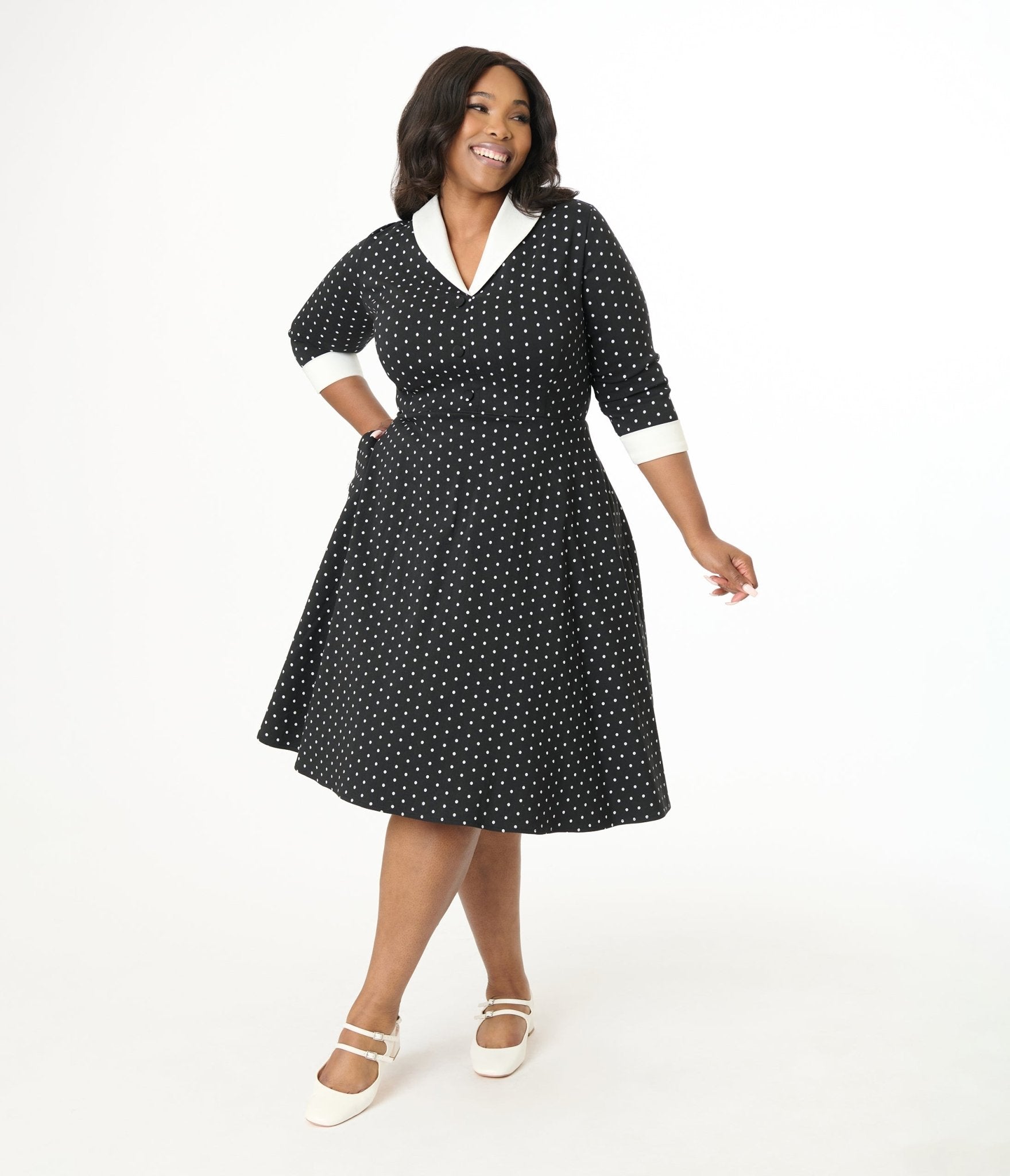 Unique Vintage Plus Size Black & White Pin Dot Shirt Dress - Unique Vintage - Womens, DRESSES, SWING