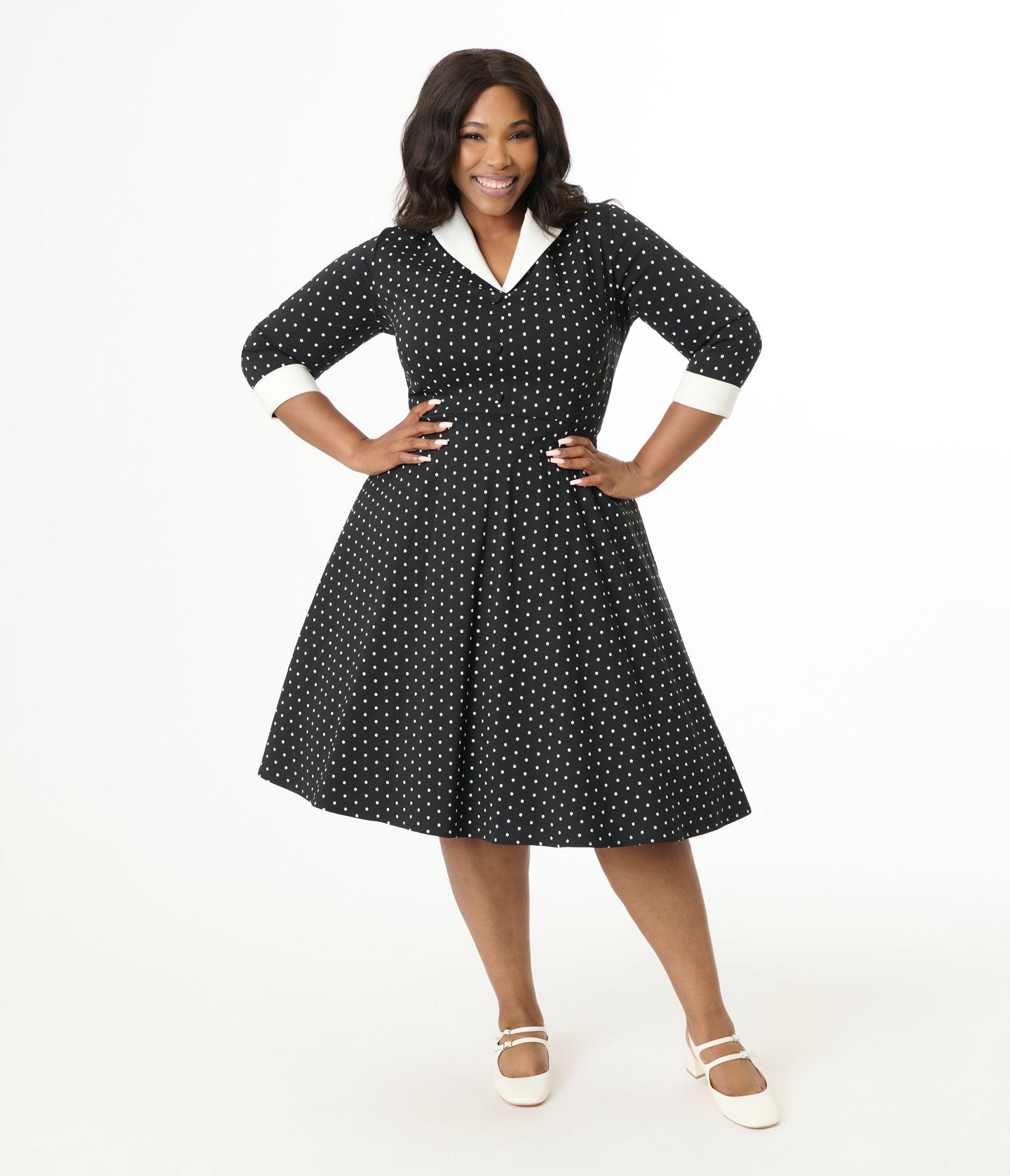 Unique Vintage Plus Size Black & White Pin Dot Shirt Dress - Unique Vintage - Womens, DRESSES, SWING