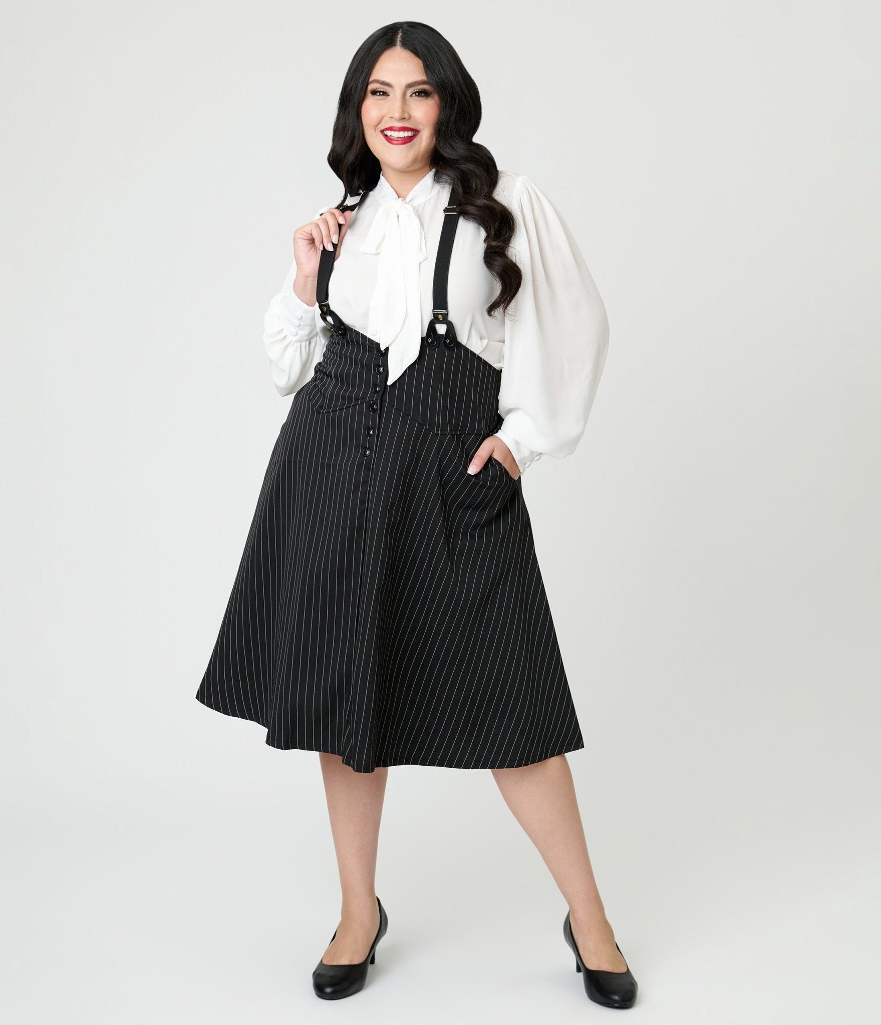 Unique Vintage Plus Size Black & White Pin Stripe Suspender Swing Skirt - Unique Vintage - Womens, BOTTOMS, SKIRTS