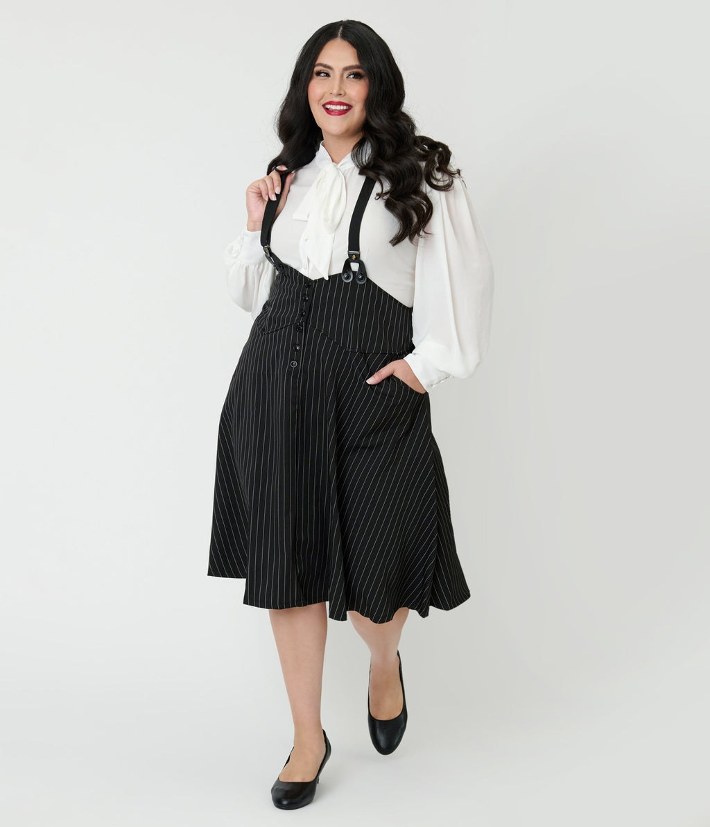 Unique Vintage Plus Size Black & White Pin Stripe Suspender Swing Skirt - Unique Vintage - Womens, BOTTOMS, SKIRTS