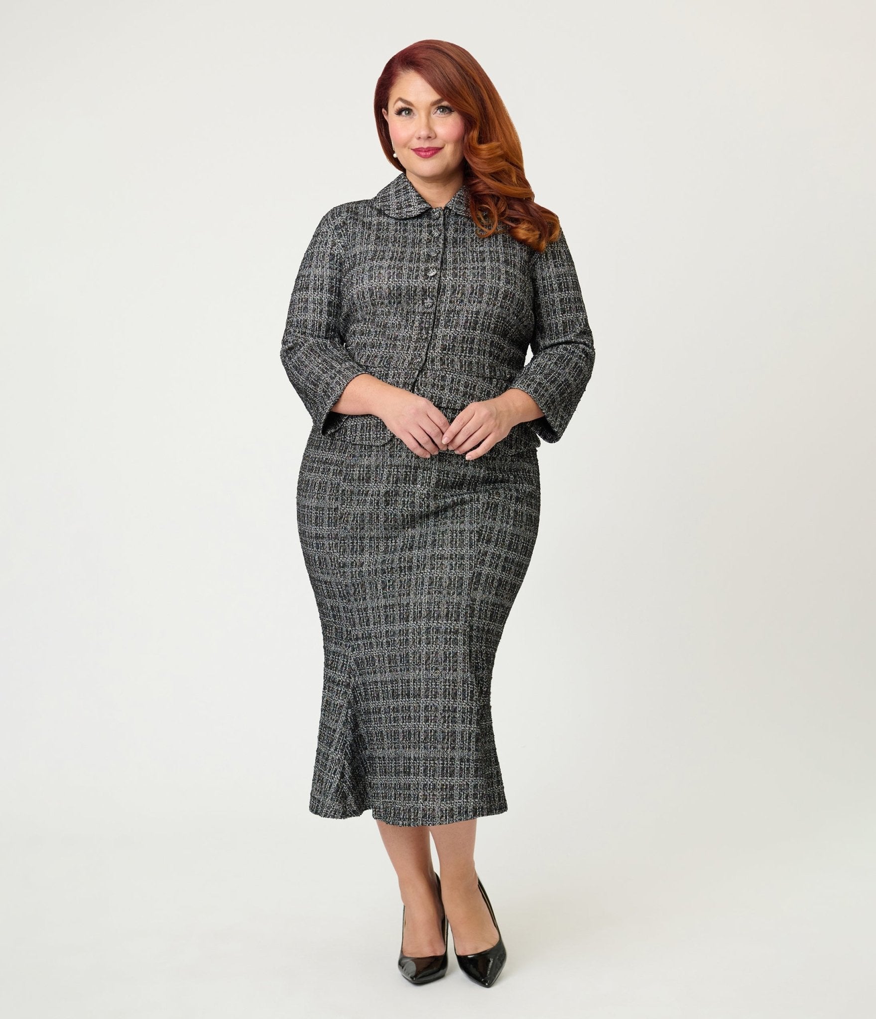 Unique Vintage Plus Size Black & White Plaid Boucle Trumpet Skirt - Unique Vintage - Womens, BOTTOMS, SKIRTS