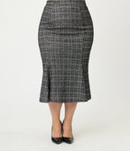 Unique Vintage Plus Size Black & White Plaid Boucle Trumpet Skirt - Unique Vintage - Womens, BOTTOMS, SKIRTS