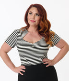 Unique Vintage Plus Size Black & White Stripe Pentagon Collar Knit Top - Unique Vintage - Womens, TOPS, KNIT TOPS