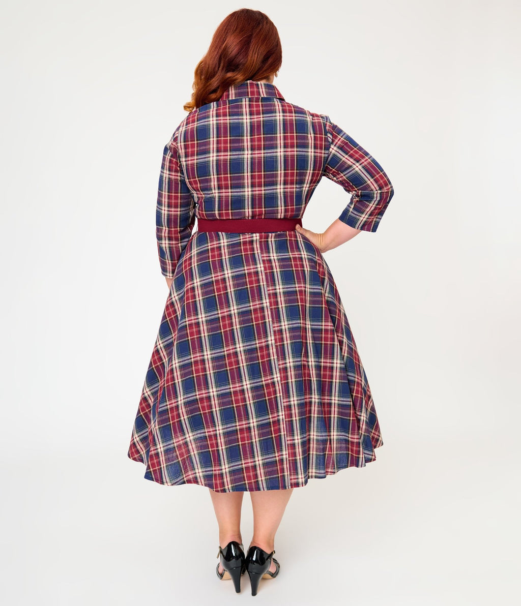 Unique Vintage Plus Size Blue & Burgundy Plaid Bonnie Swing Dress - Unique Vintage - Womens, DRESSES, SWING