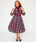 Unique Vintage Plus Size Blue & Burgundy Plaid Bonnie Swing Dress - Unique Vintage - Womens, DRESSES, SWING