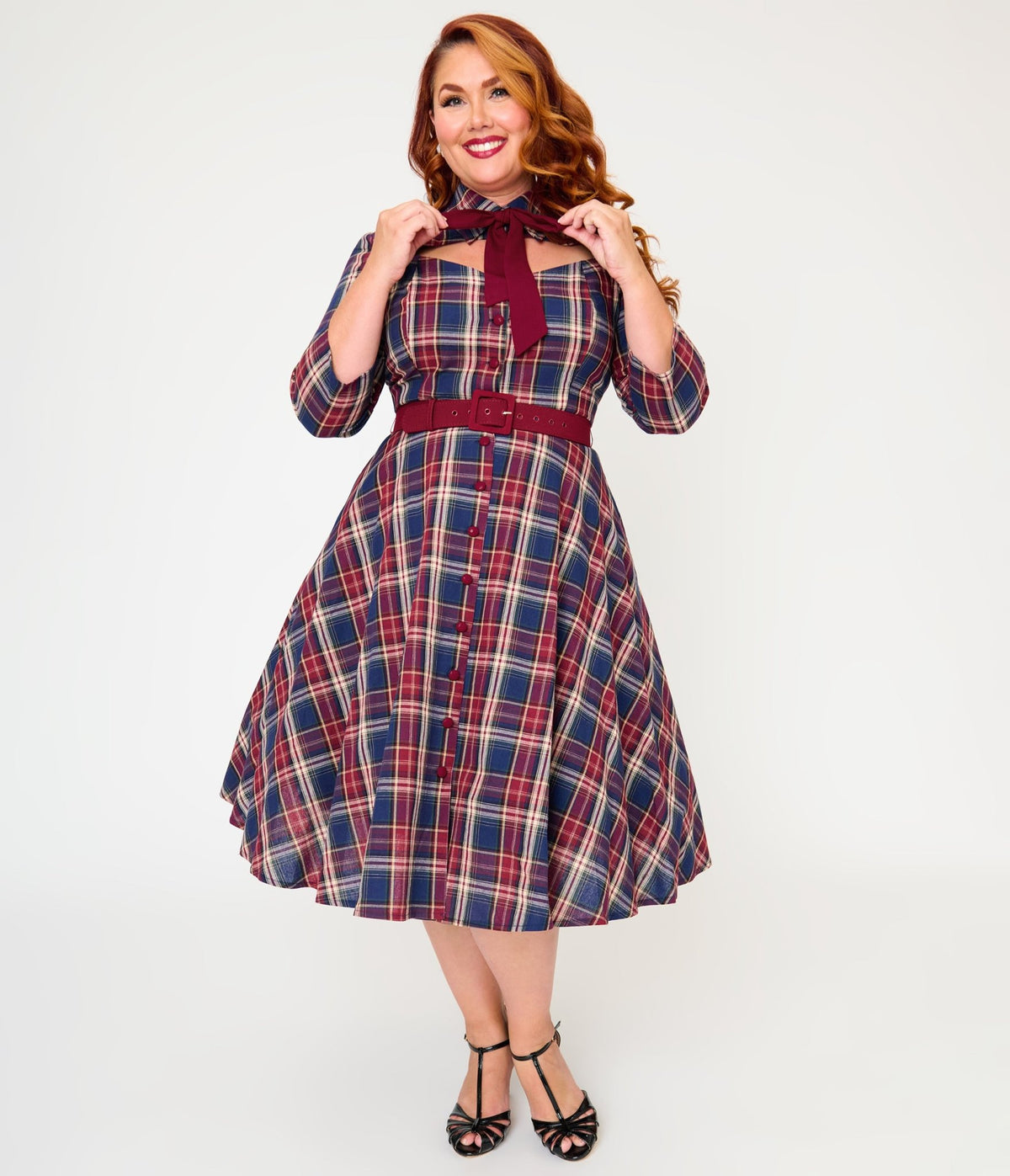 Unique Vintage Plus Size Blue & Burgundy Plaid Bonnie Swing Dress - Unique Vintage - Womens, DRESSES, SWING