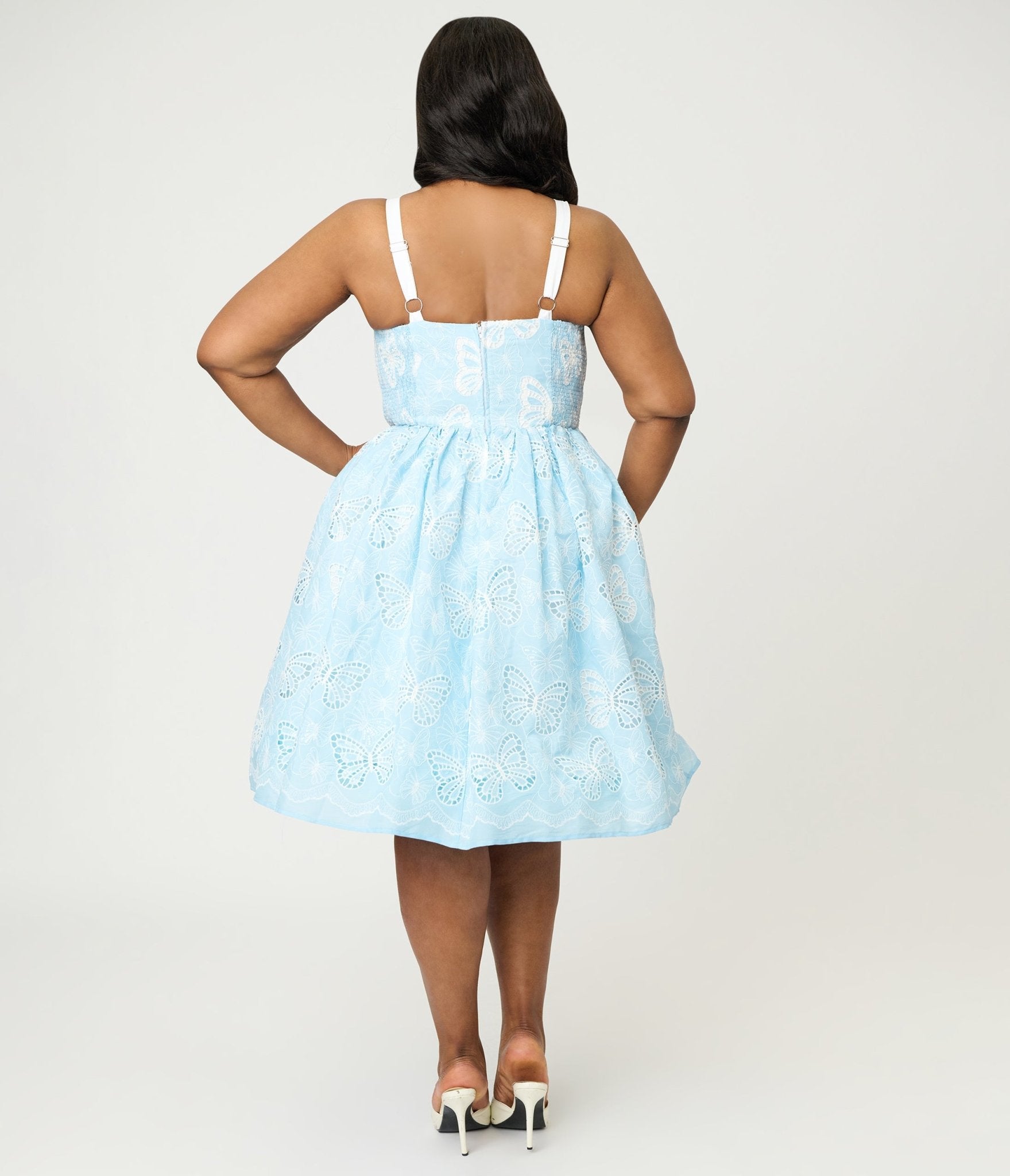 Unique Vintage Plus Size Blue Butterfly Eyelet Swing Dress Unique Vintage Plus Size Blue Butterfly Eyelet Swing Dress